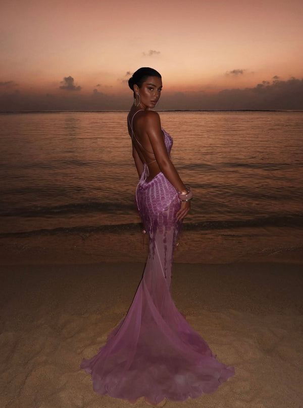 Tassel Sequin Fishtail Halter Dress V-