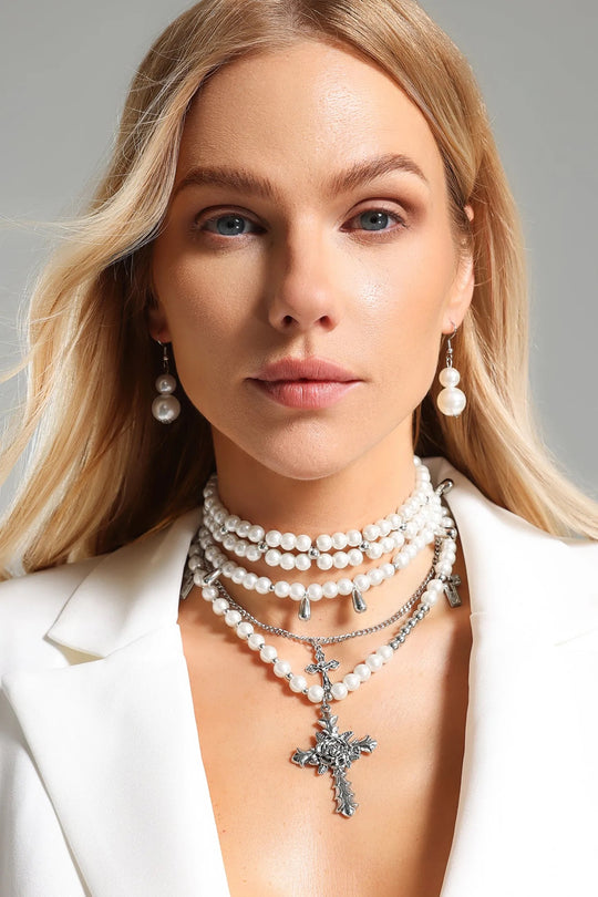 Sky Triple Pearls Cross Necklace