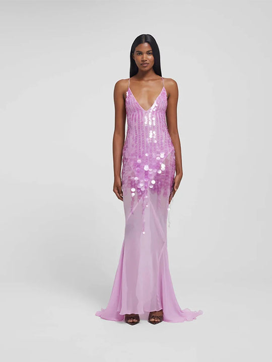 Tassel Sequin Fishtail Halter Dress V-