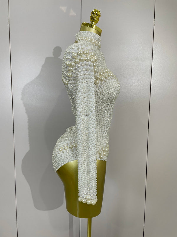 Clous Luxury White Full Pearl Long Sleeved Stretch Bodysuit