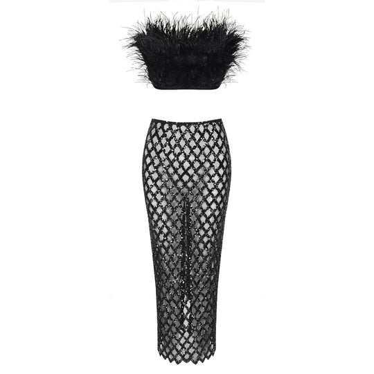 Bely Feather Bandage Top&Sequins Long Skirt