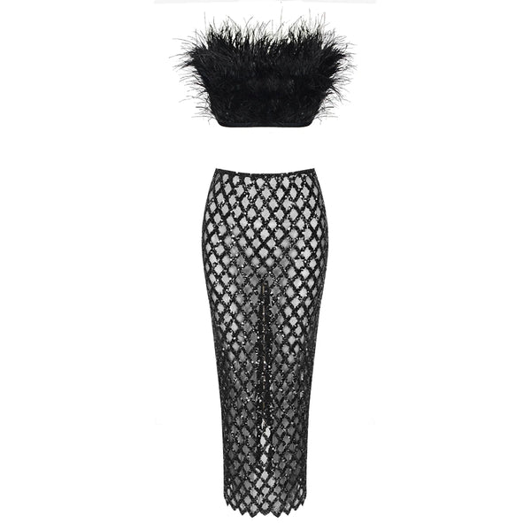 Bely Feather Bandage Top&Sequins Long Skirt