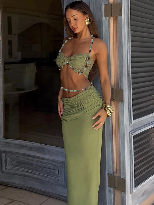 Solid Color Sleeveless Halter Neck Long